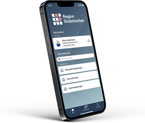 Smartphone som visar appen Region Söderbotten